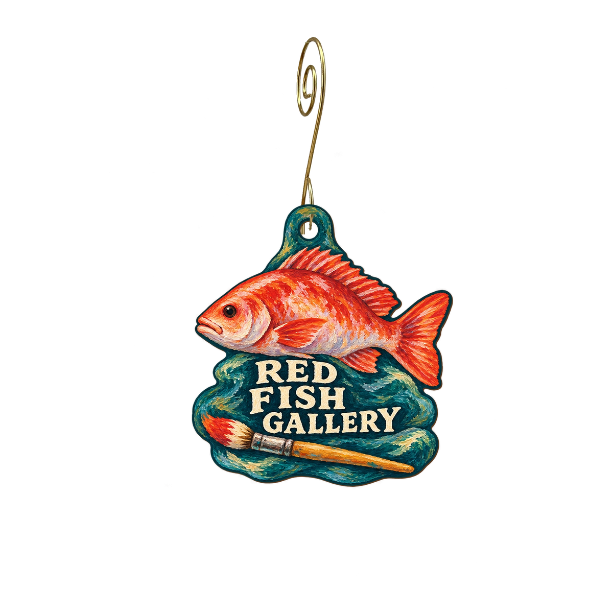 Red Fish Gallery — Store identity custom wood ornament OC2809, photographic gold spiral hook