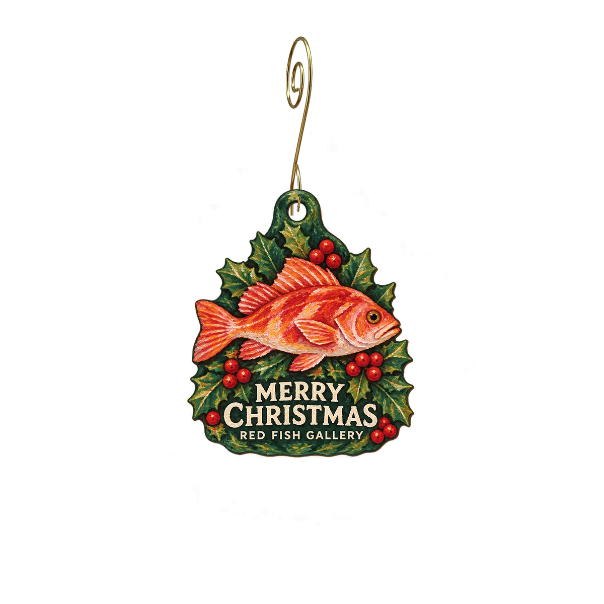 Red Fish Gallery — Christmas custom wood ornament OC2810, photographic gold spiral hook