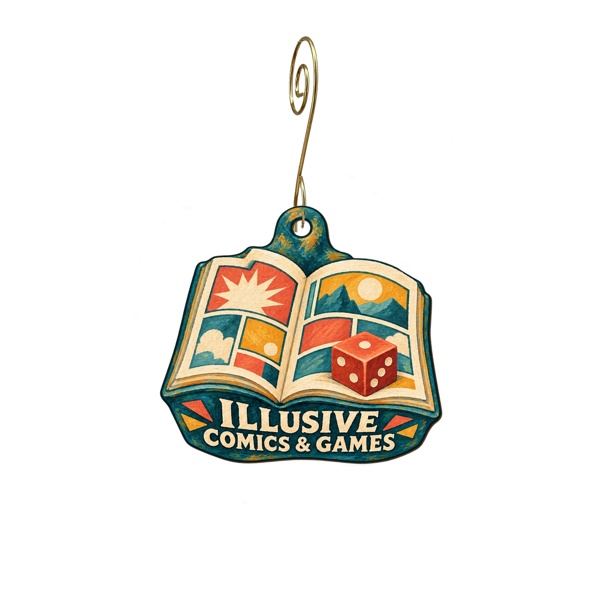 Illusive Comics & Games — Store identity custom wood ornament OC2815, photographic gold spiral hook