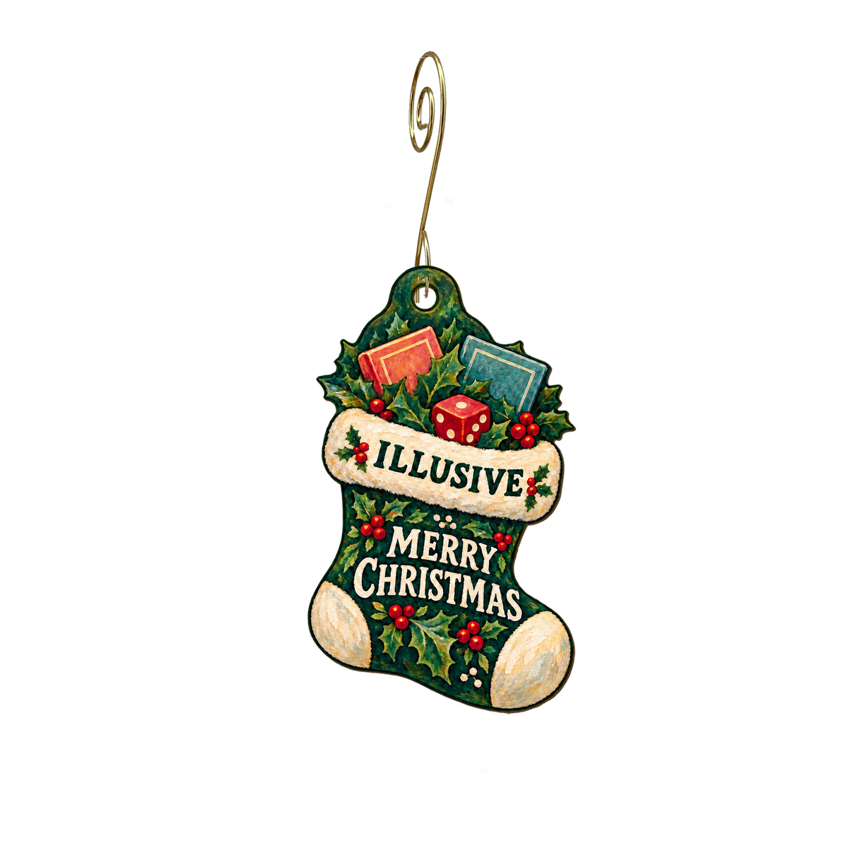Illusive Comics & Games — Christmas custom wood ornament OC2816, photographic gold spiral hook