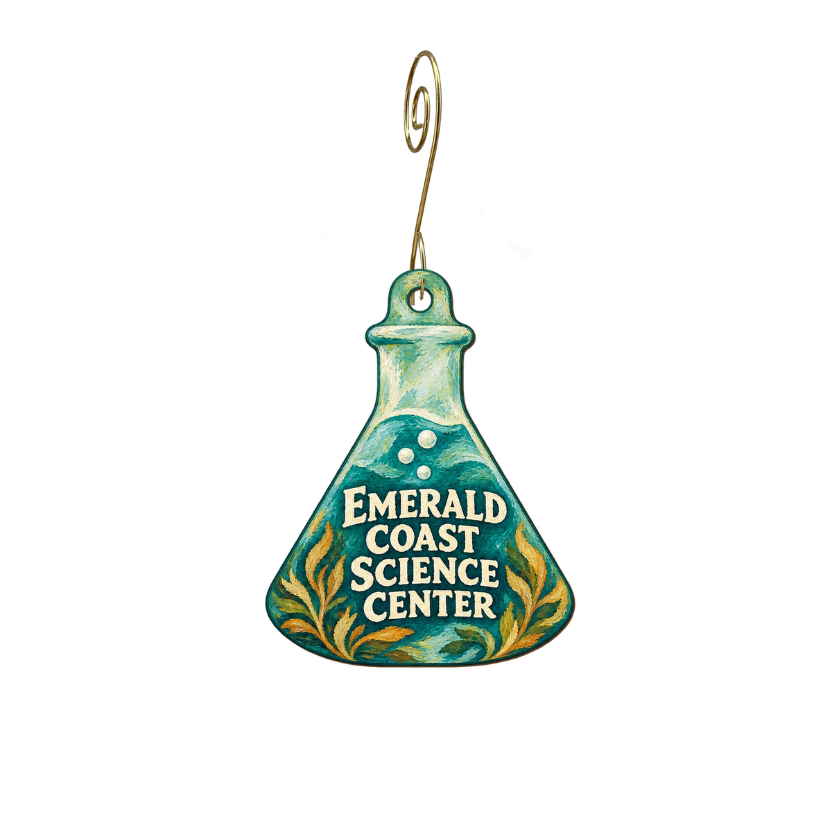 Emerald Coast Science Center — Store identity custom wood ornament OC2818, photographic gold spiral hook