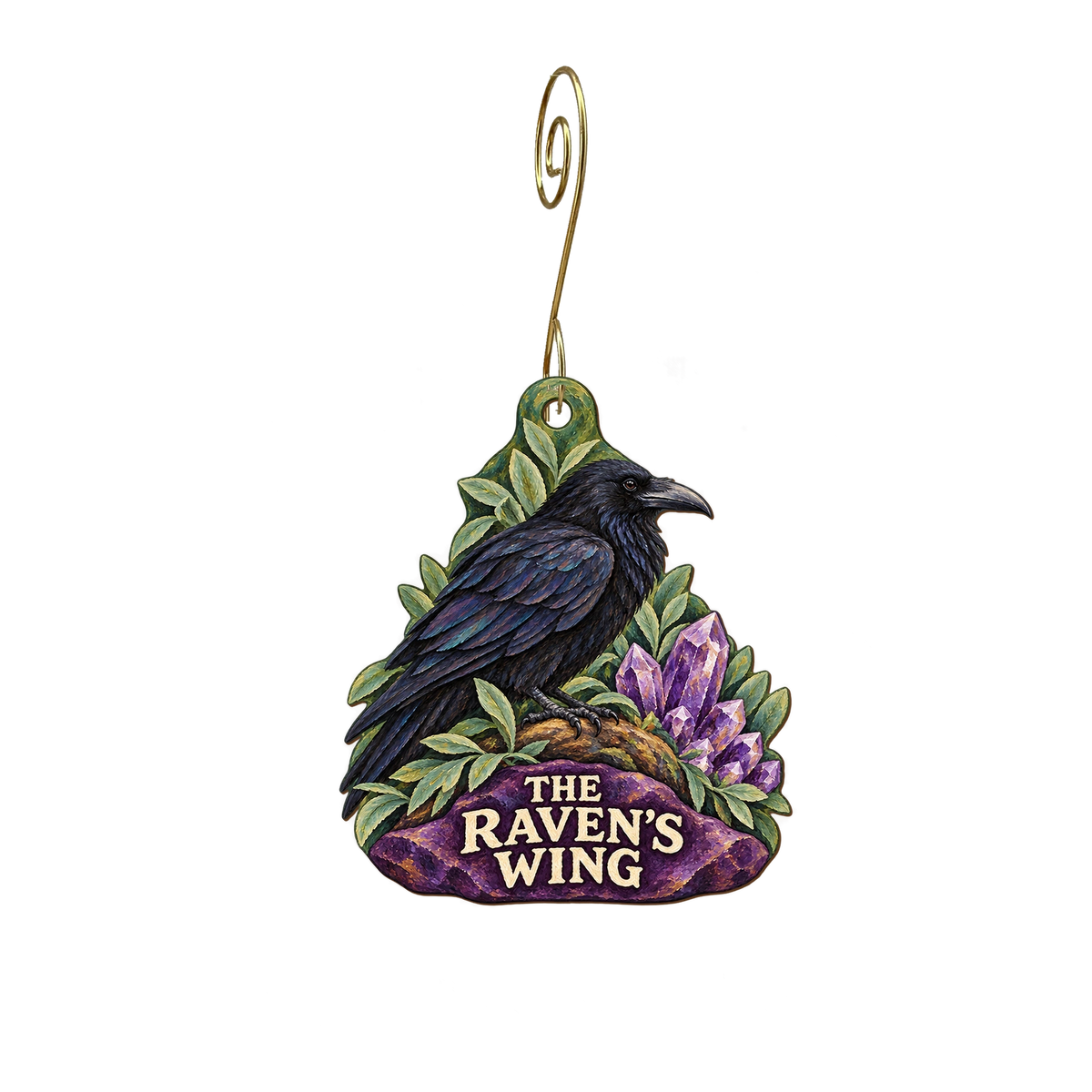 The Raven's Wing Magical Co-op — Store identity custom wood ornament OC2821, photographic gold spiral hook