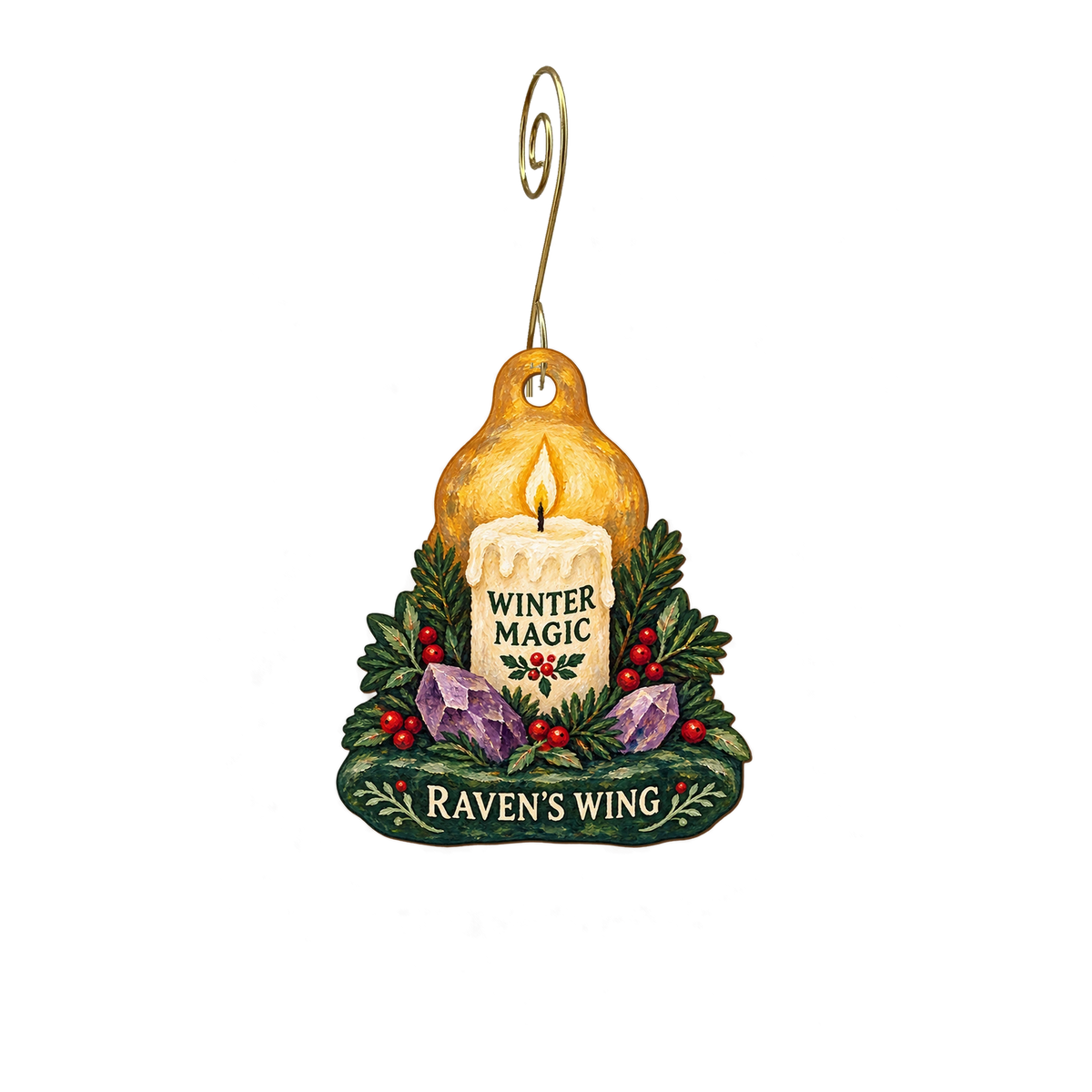 The Raven's Wing Magical Co-op — Christmas custom wood ornament OC2822, photographic gold spiral hook