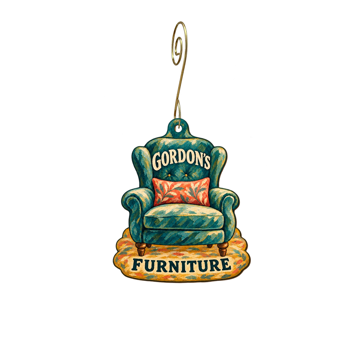 Gordon's Furniture — Store identity custom wood ornament OC2824, photographic gold spiral hook
