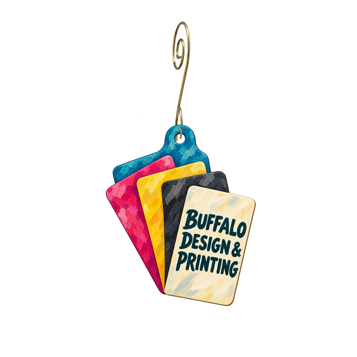 Buffalo Design & Printing — Store identity custom wood ornament OC2827, photographic gold spiral hook