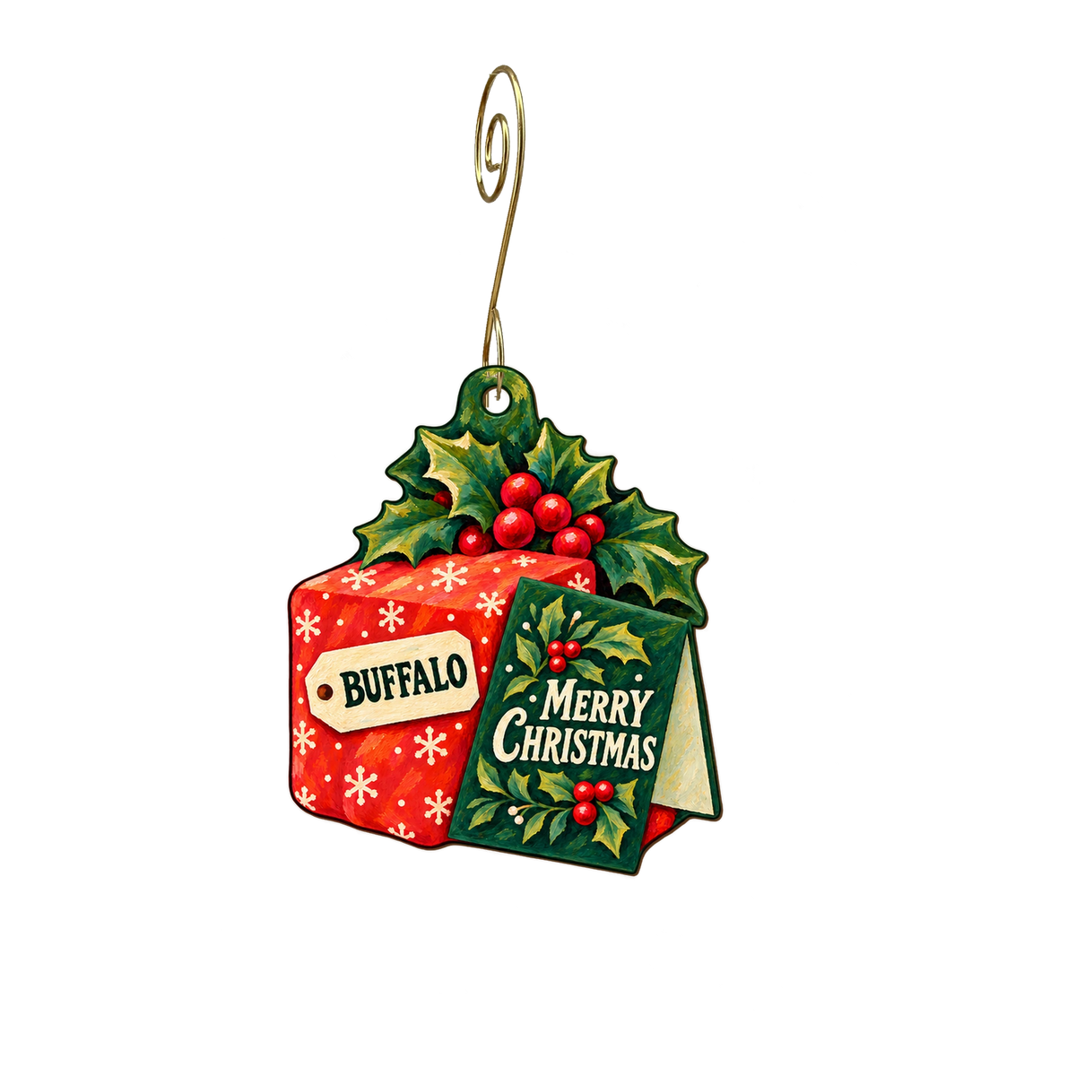 Buffalo Design & Printing — Christmas custom wood ornament OC2828, photographic gold spiral hook