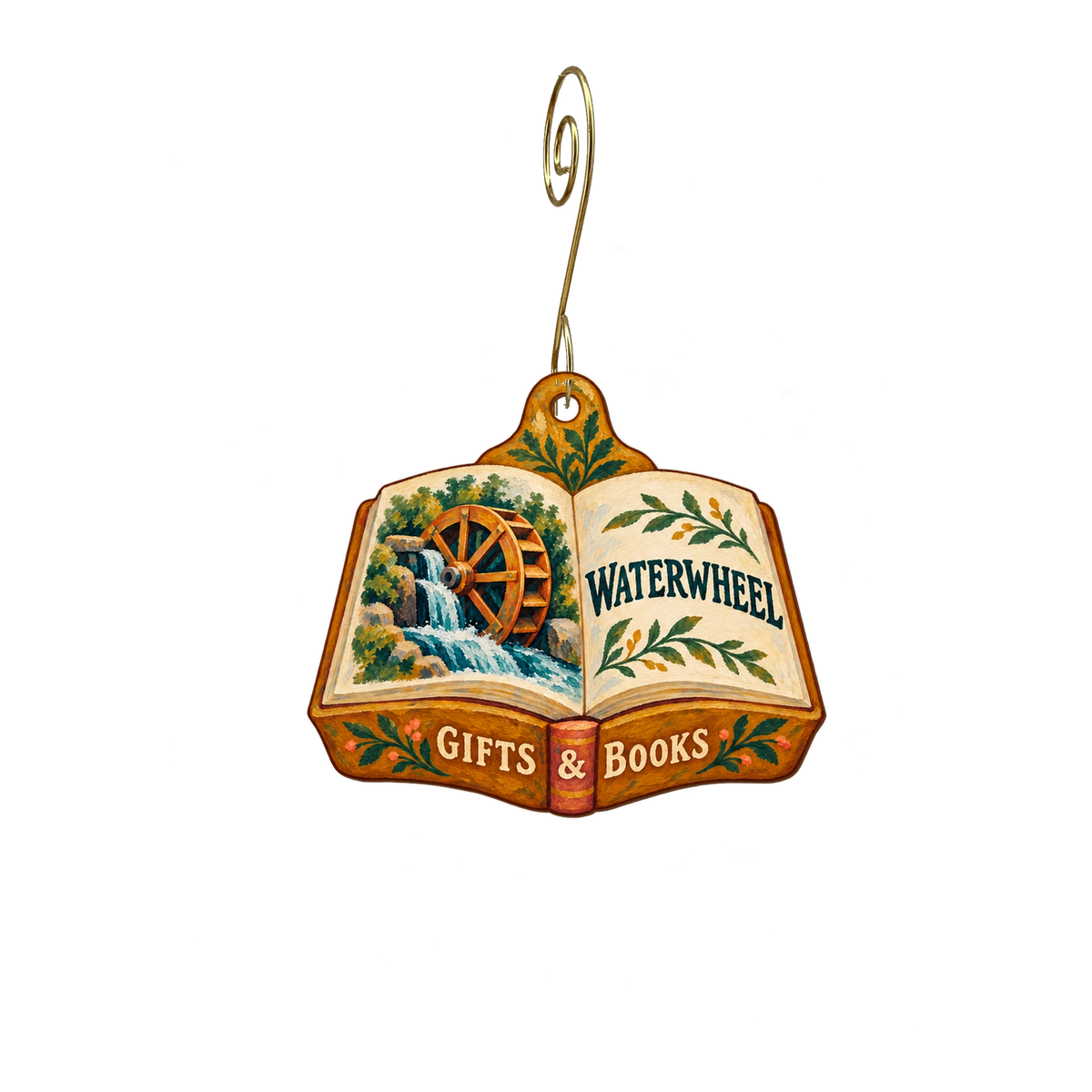 Waterwheel Gifts and Books — Store identity custom wood ornament OC2830, photographic gold spiral hook