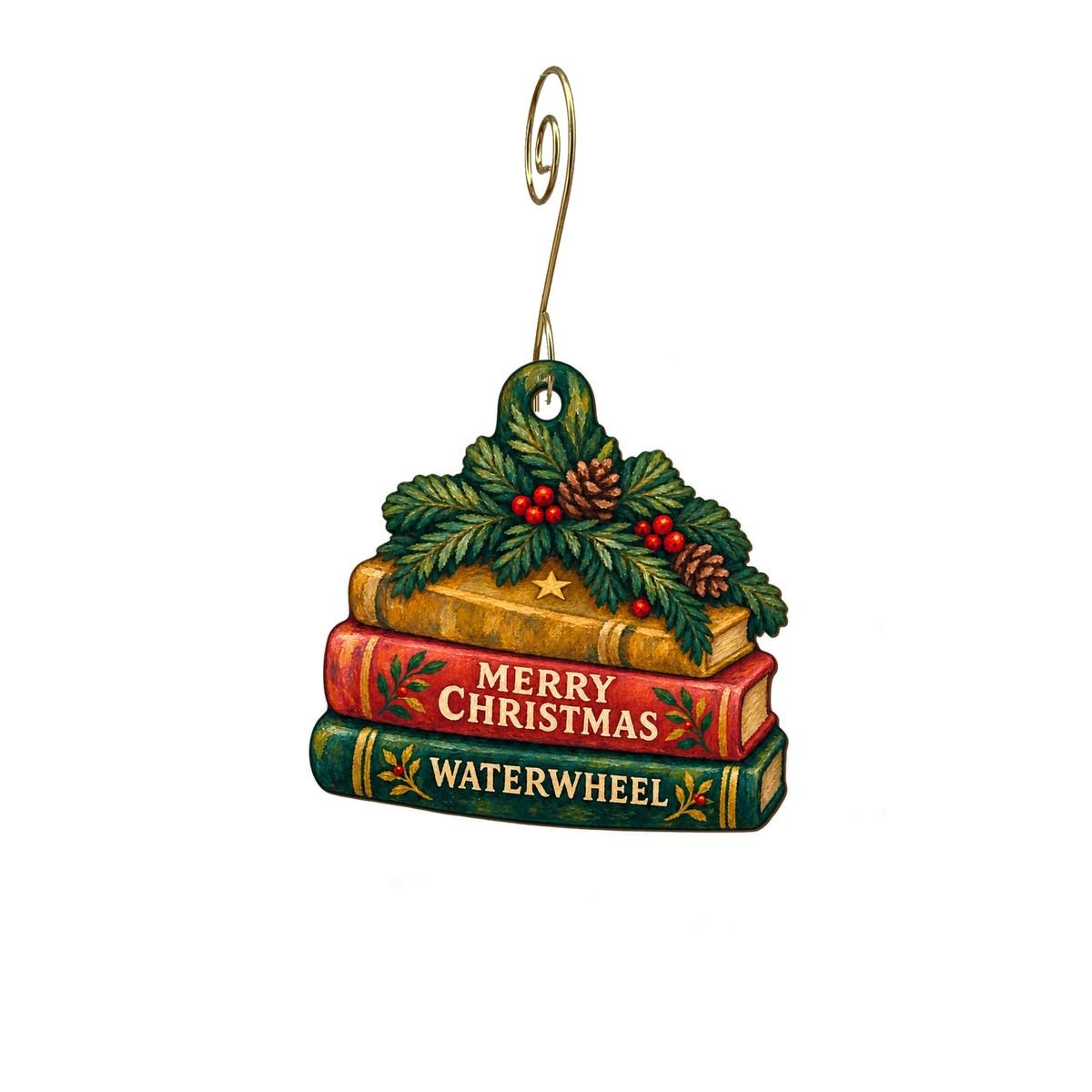 Waterwheel Gifts and Books — Christmas custom wood ornament OC2831, photographic gold spiral hook