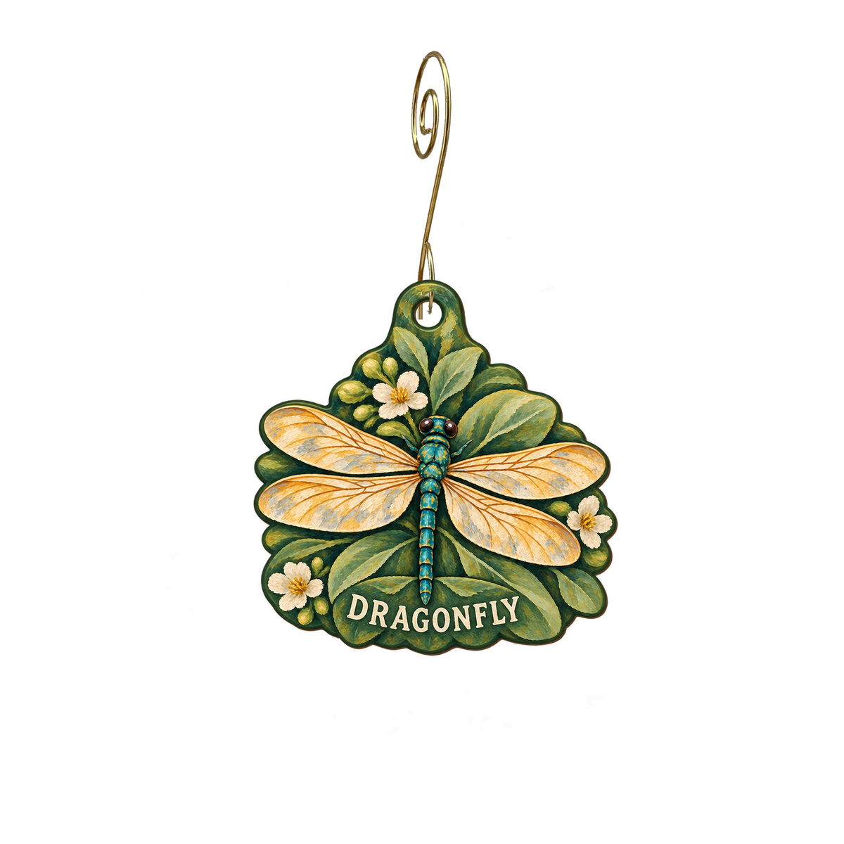 Dragonfly — Store identity custom wood ornament OC2833, photographic gold spiral hook