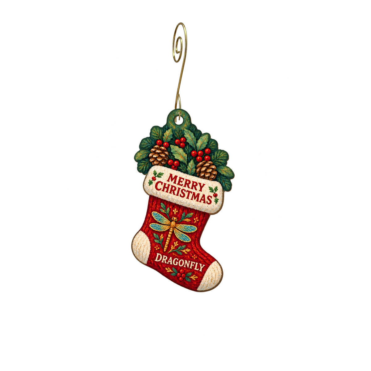 Dragonfly — Christmas custom wood ornament OC2834, photographic gold spiral hook