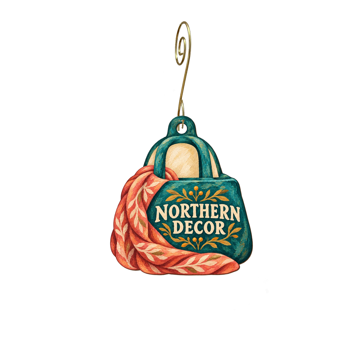Northern Decor — Store identity custom wood ornament OC2836, photographic gold spiral hook