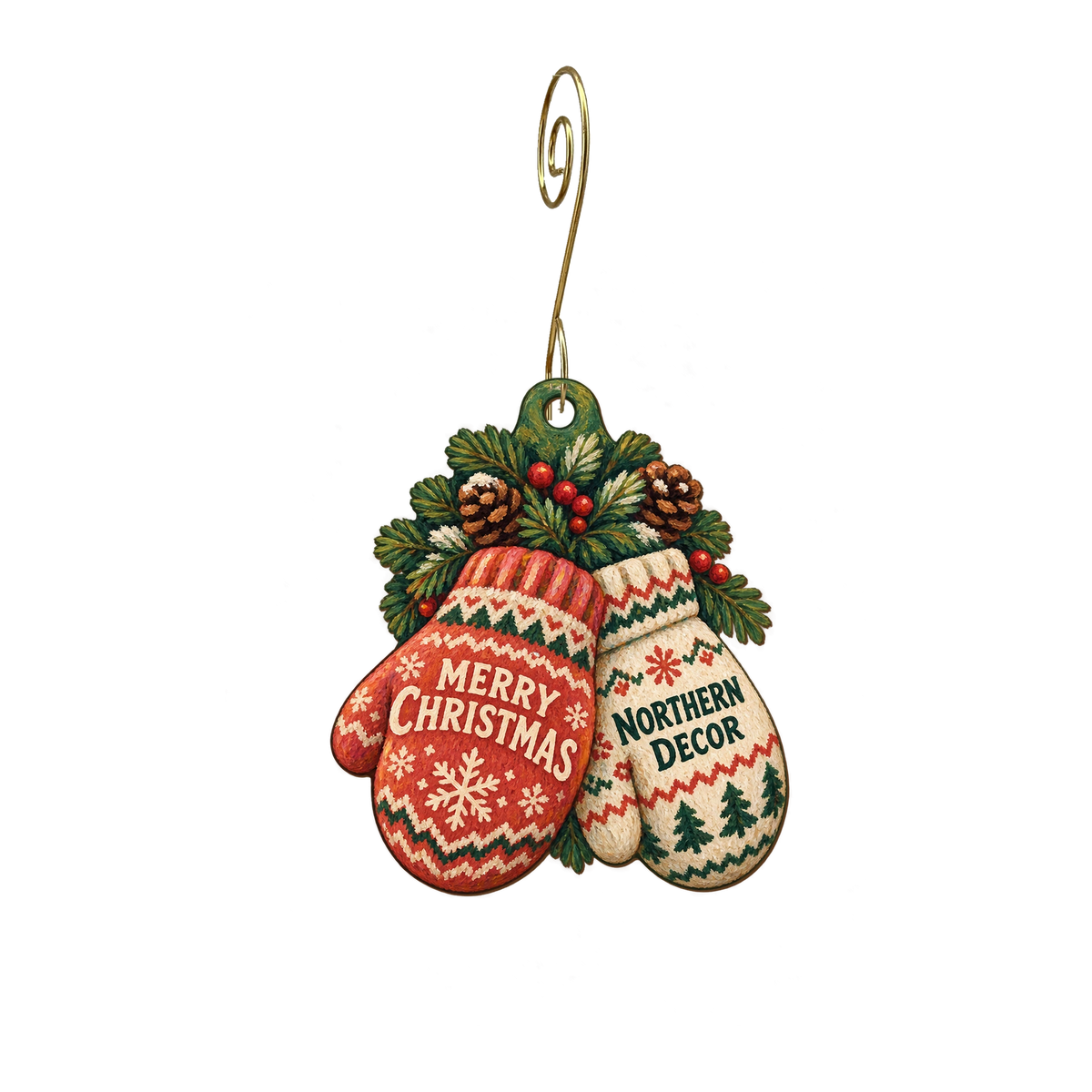 Northern Decor — Christmas custom wood ornament OC2837, photographic gold spiral hook