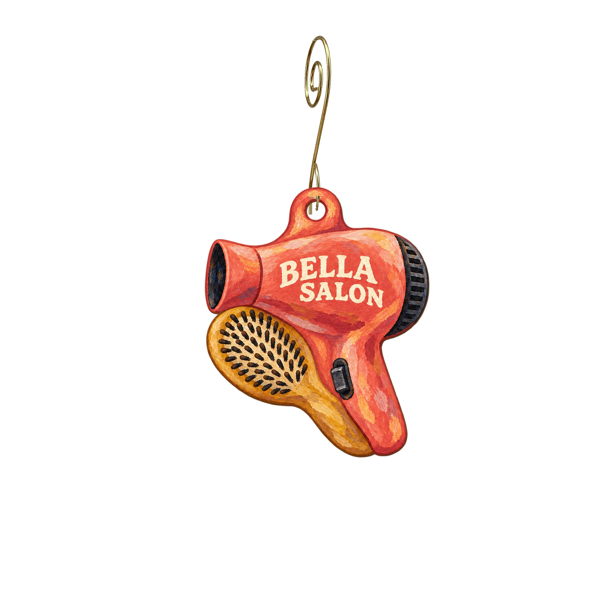 Bella Salon — Store identity custom wood ornament OC2839, photographic gold spiral hook