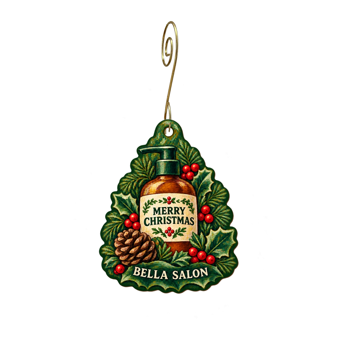 Bella Salon — Christmas custom wood ornament OC2840, photographic gold spiral hook
