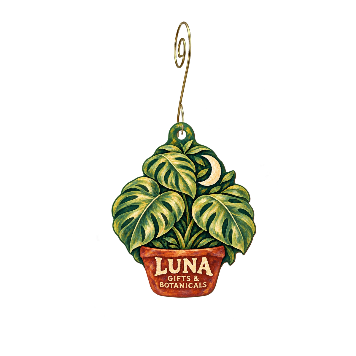 Luna Gifts & Botanicals — Store identity custom wood ornament OC2842, photographic gold spiral hook