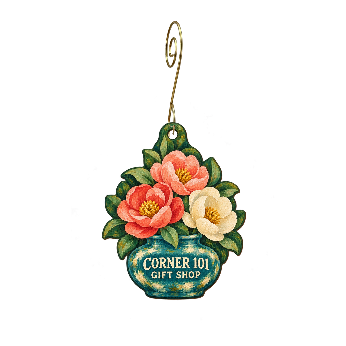 Spartanburg Regional Healthcare System/Corner 101 Gift Shop — Store identity custom wood ornament OC2845, photographic gold spiral hook