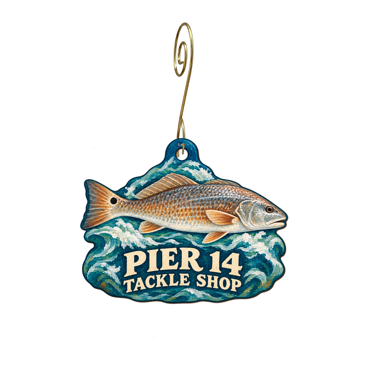 Pier 14 Tackle Shop — Store identity custom wood ornament OC2848, photographic gold spiral hook