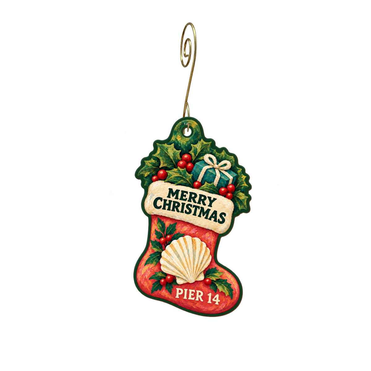 Pier 14 Tackle Shop — Christmas custom wood ornament OC2849, photographic gold spiral hook