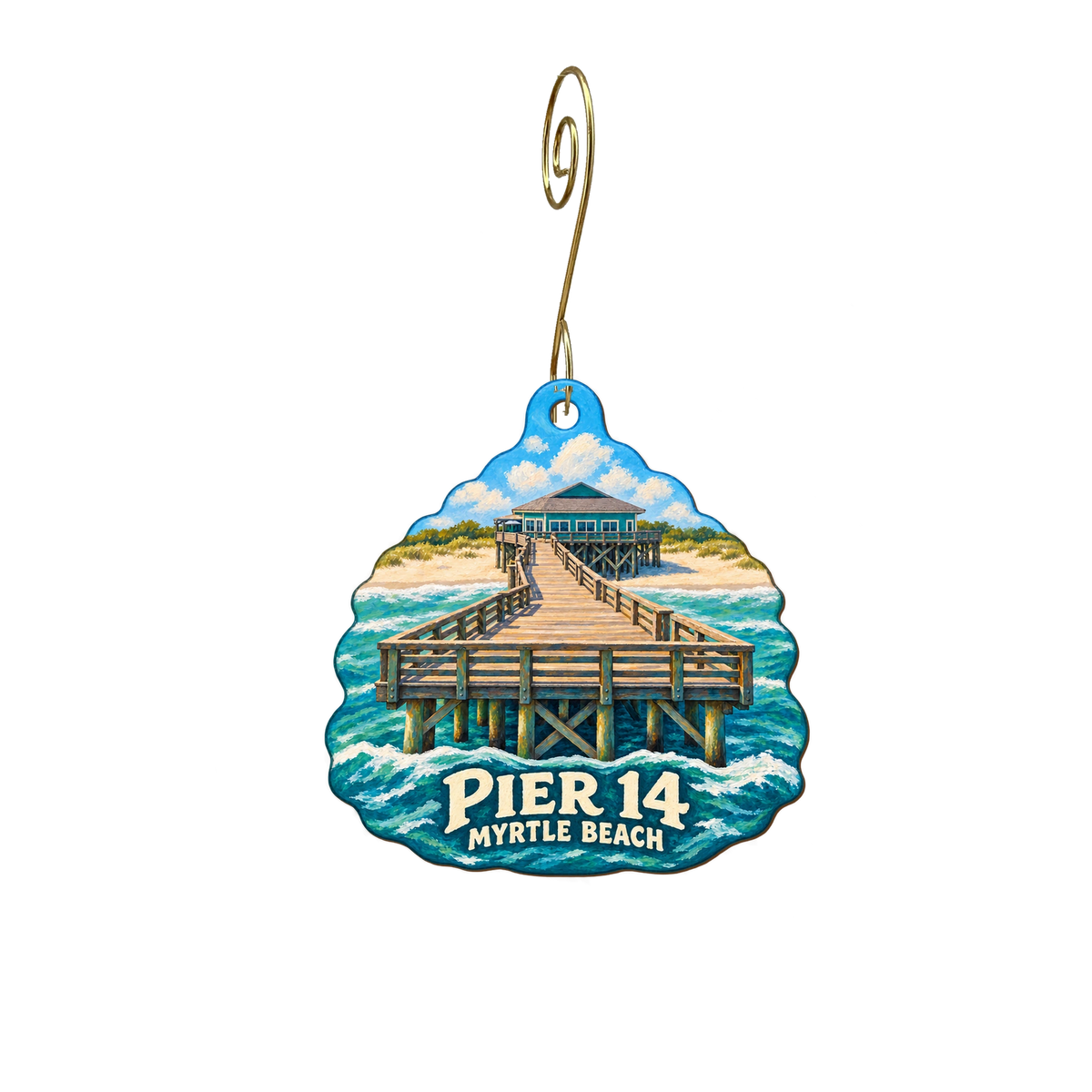 Pier 14 Tackle Shop — Local inspiration custom wood ornament OC2850, photographic gold spiral hook