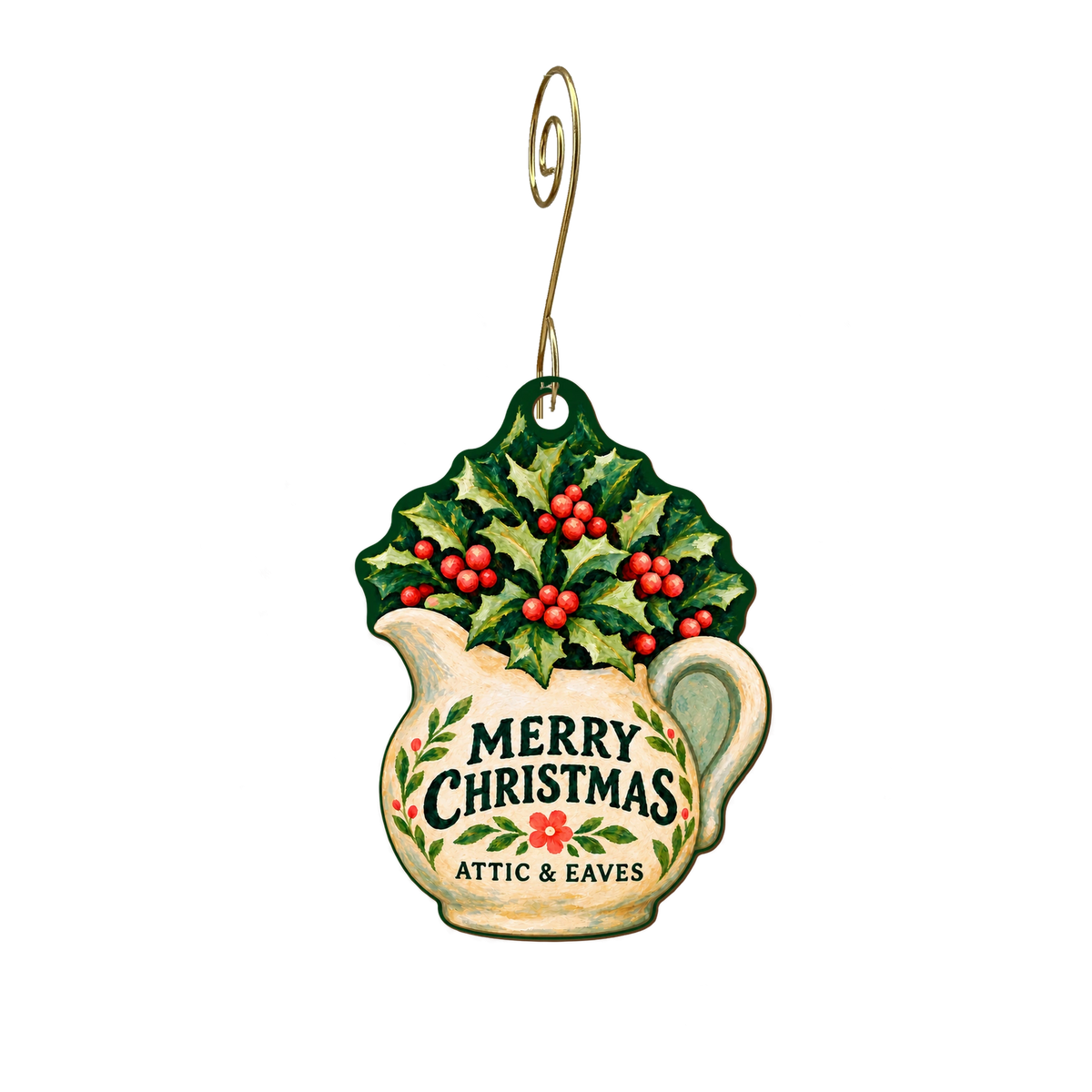 Attic & Eaves — Christmas custom wood ornament OC2852, photographic gold spiral hook