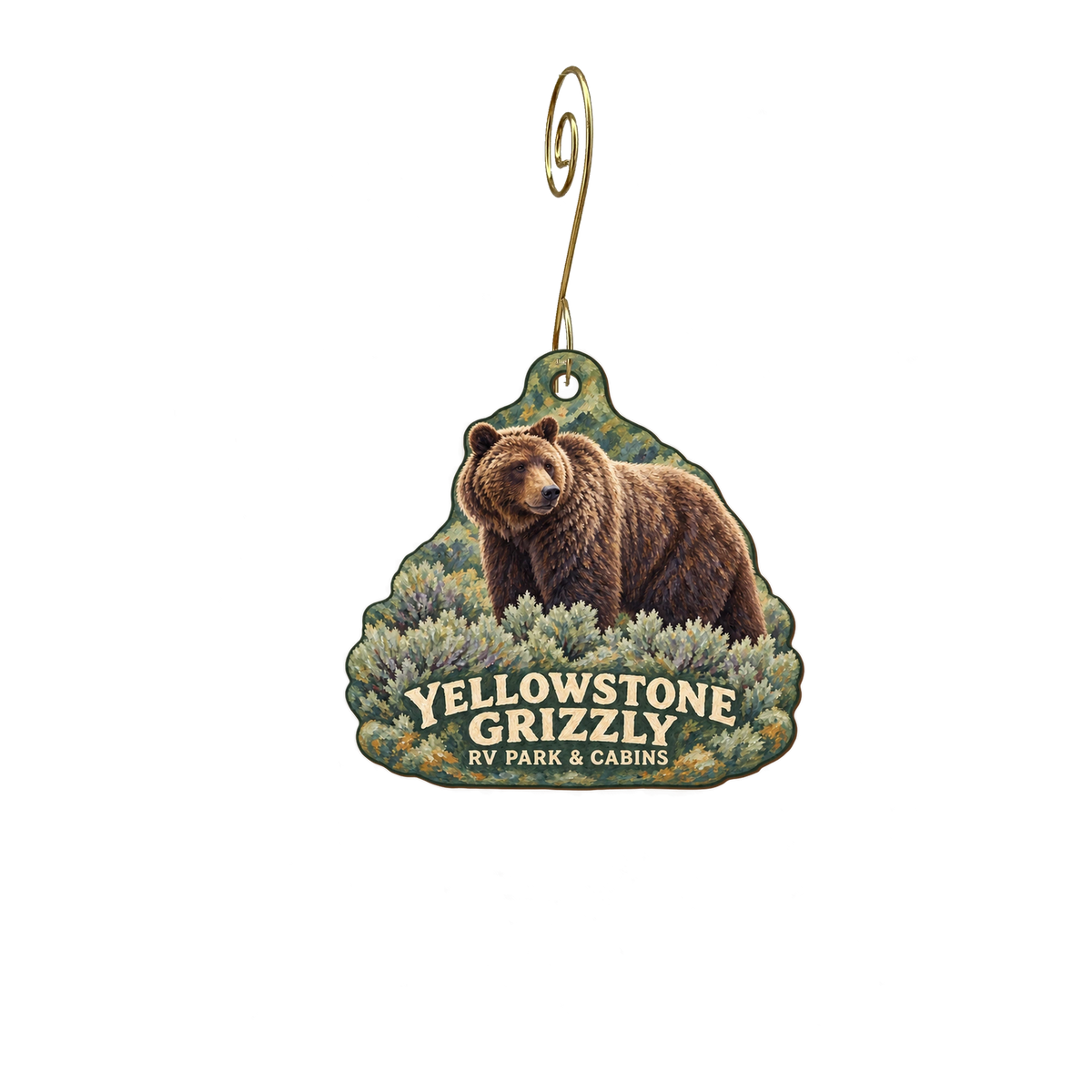 Yellowstone Grizzly RV Park and Cabins — Store identity custom wood ornament OC2854, photographic gold spiral hook
