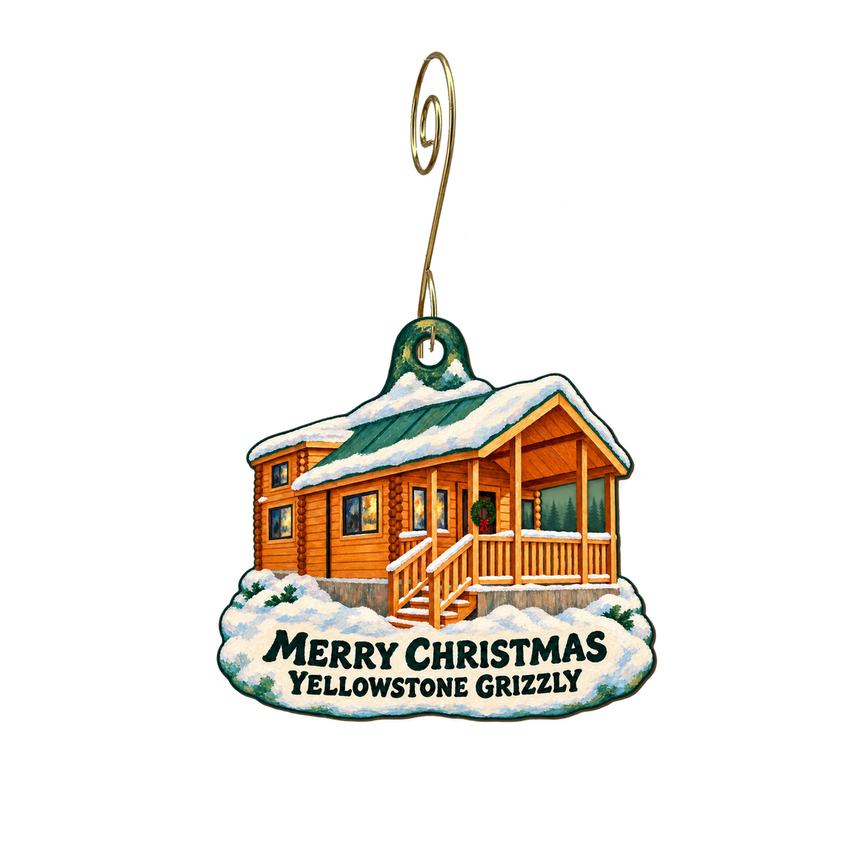 Yellowstone Grizzly RV Park and Cabins — Christmas custom wood ornament OC2855, photographic gold spiral hook