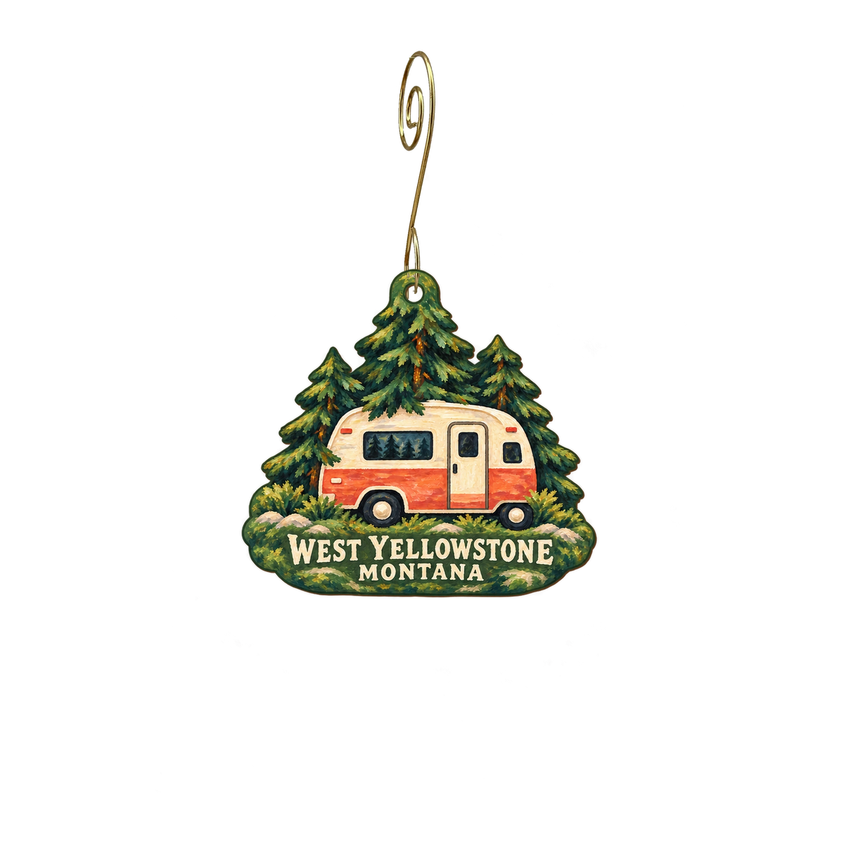 Yellowstone Grizzly RV Park and Cabins — Local inspiration custom wood ornament OC2856, photographic gold spiral hook