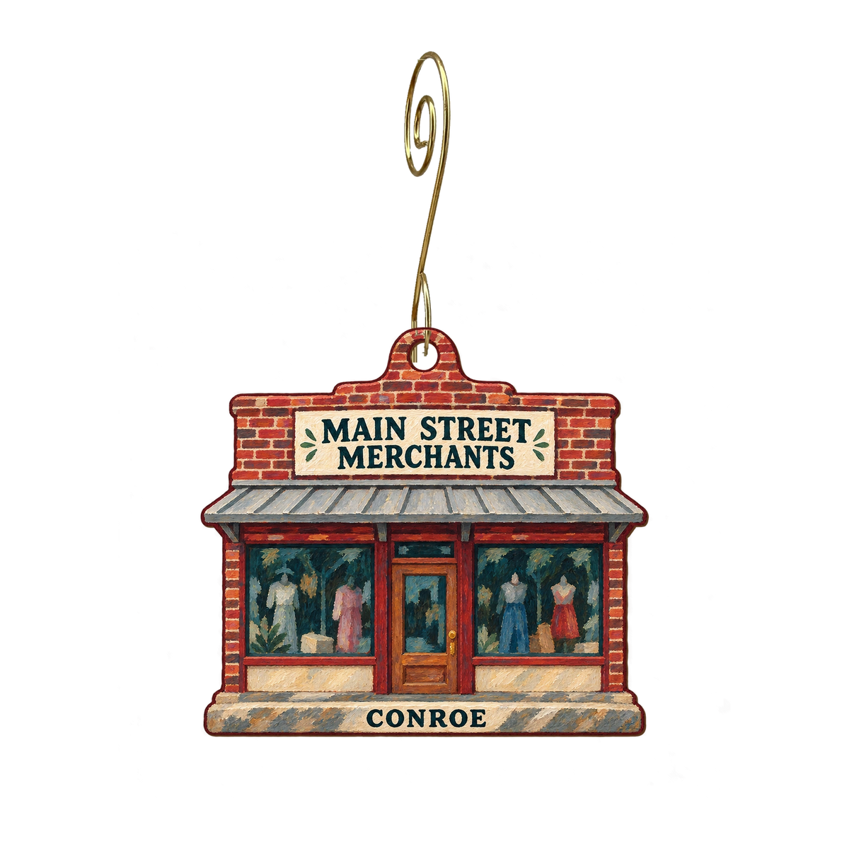 Main Street Merchants — Store identity custom wood ornament OC2857, photographic gold spiral hook