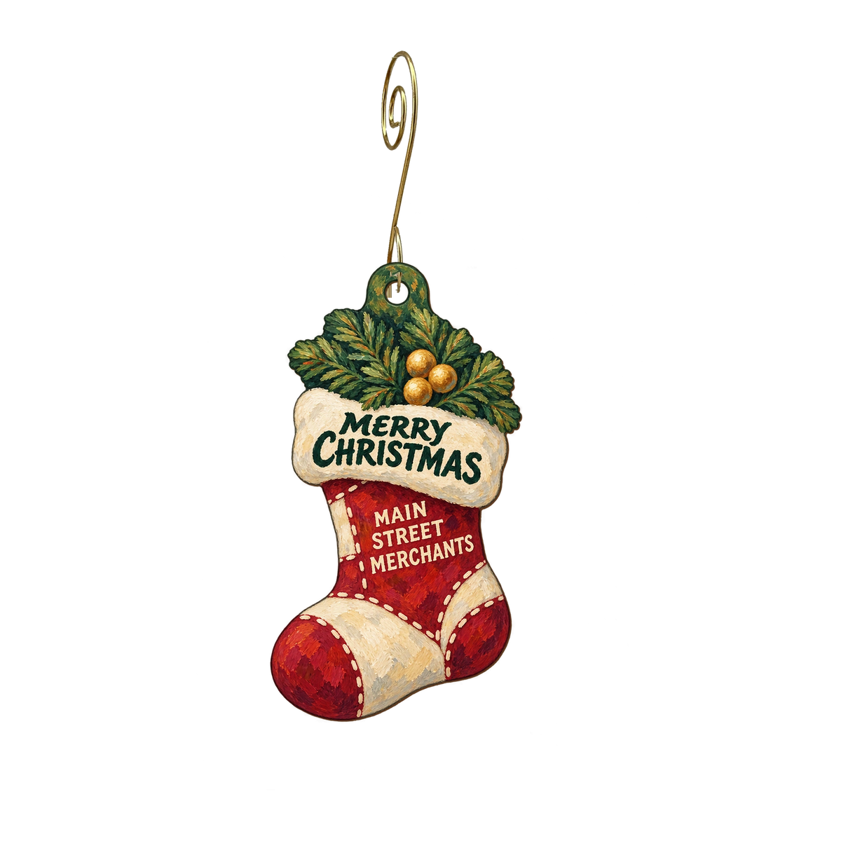 Main Street Merchants — Christmas custom wood ornament OC2858, photographic gold spiral hook