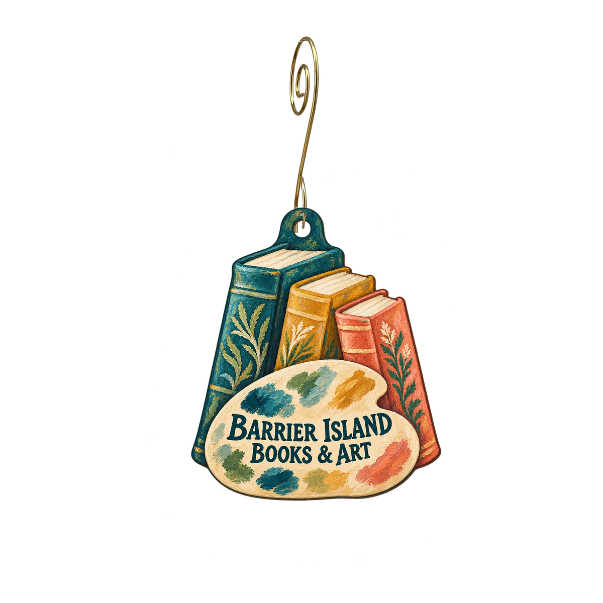 Barrier Island Books & Art — Store identity custom wood ornament OC2866, photographic gold spiral hook