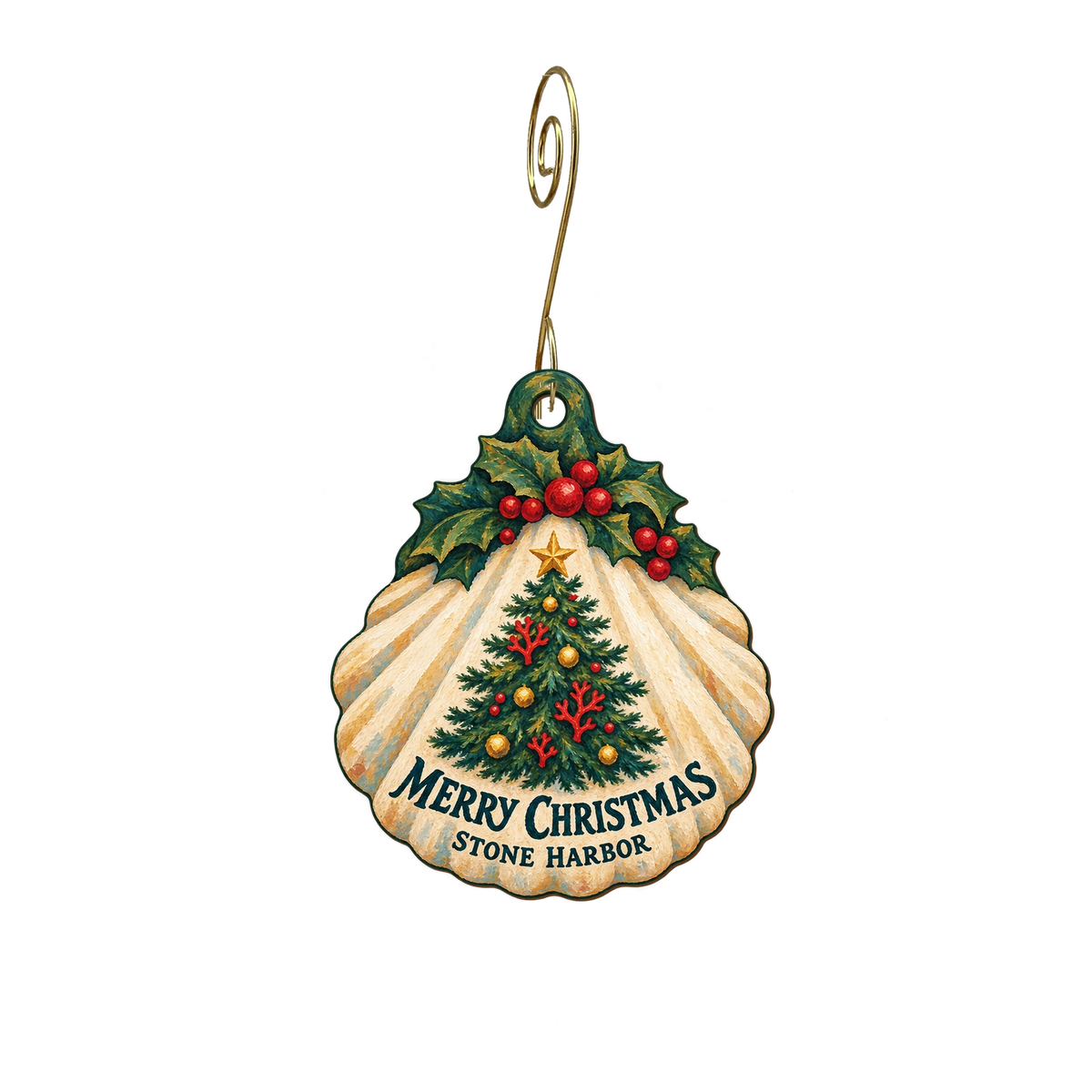 Barrier Island Books & Art — Christmas custom wood ornament OC2867, photographic gold spiral hook