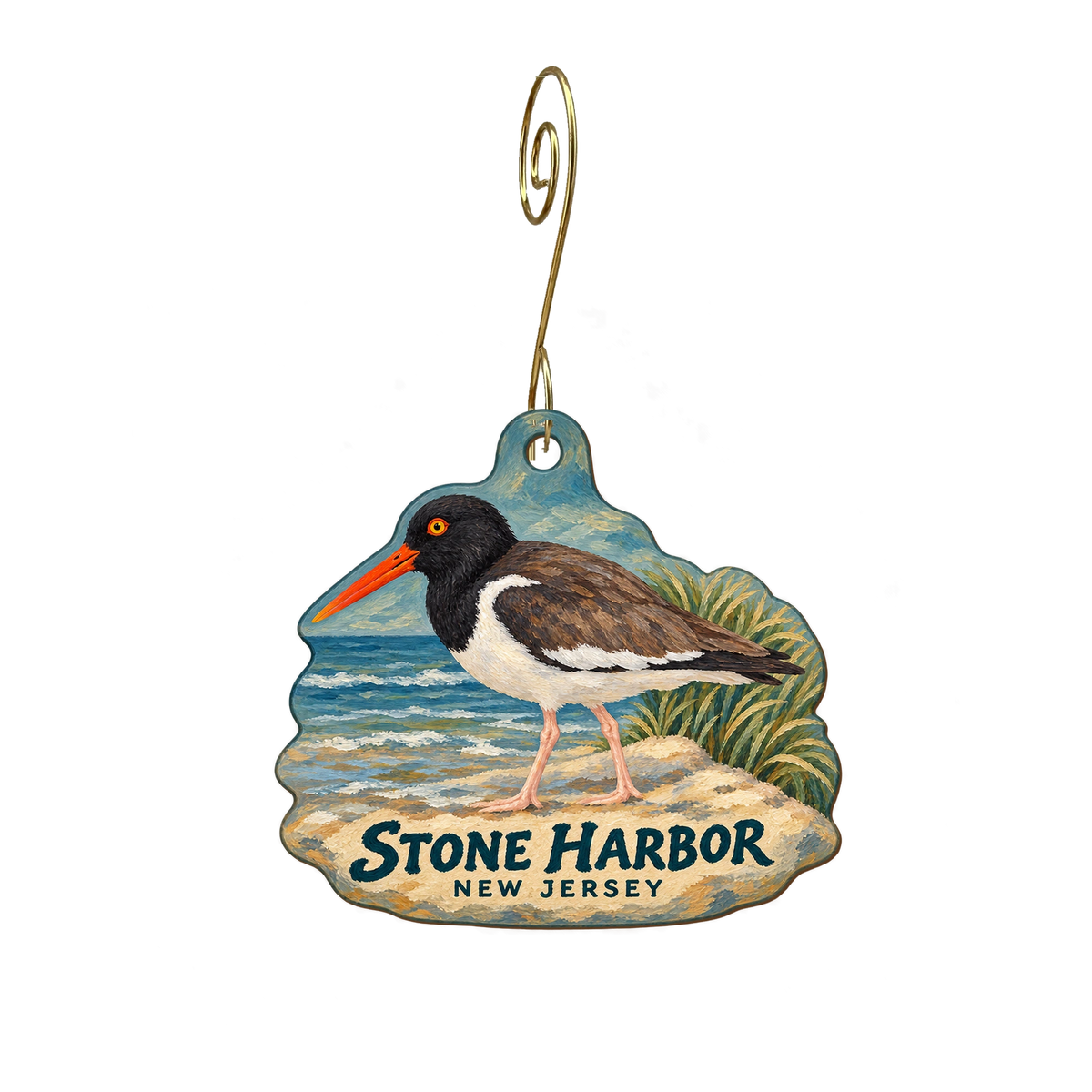 Barrier Island Books & Art — Local inspiration custom wood ornament OC2868, photographic gold spiral hook