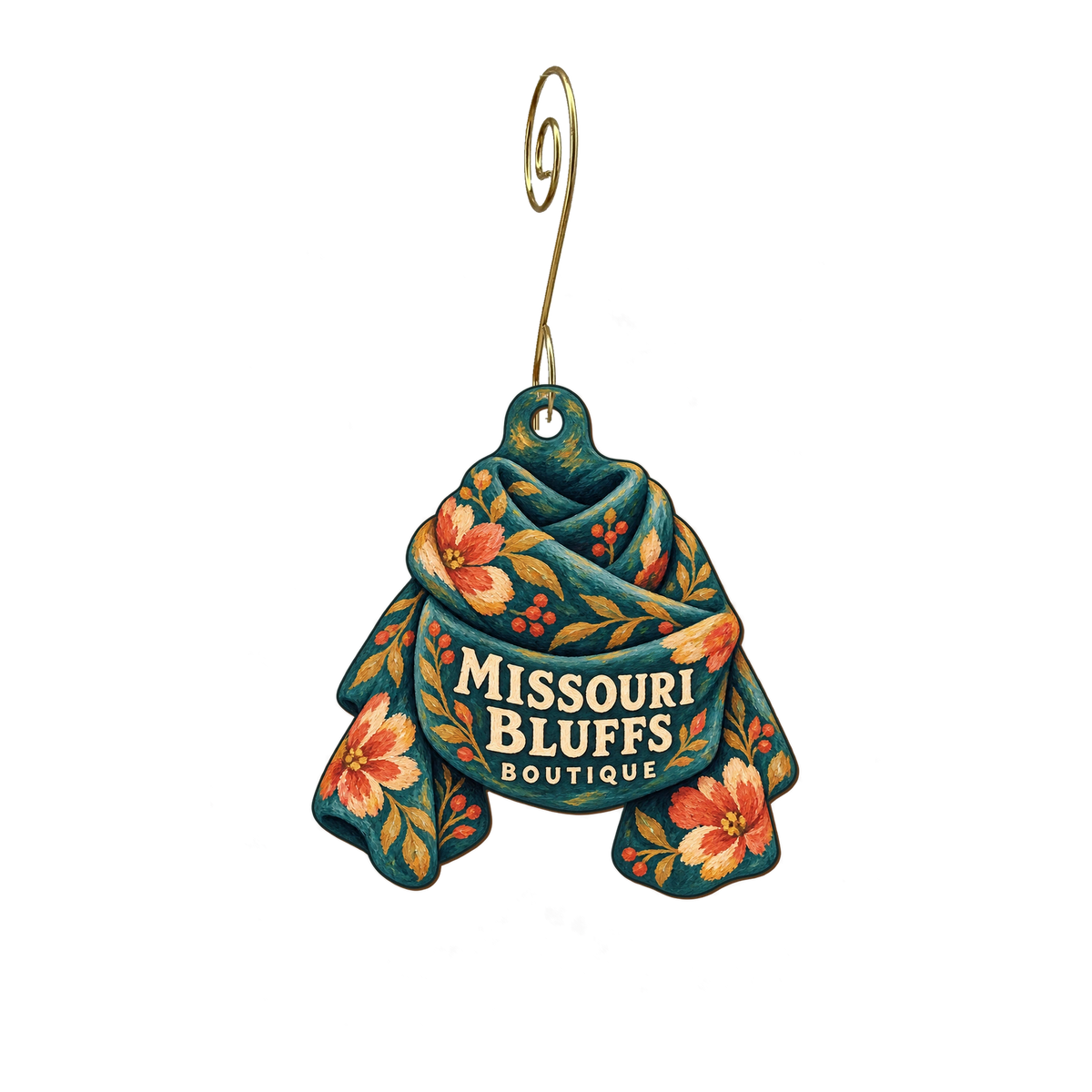 Missouri Bluffs Boutique — Store identity custom wood ornament OC2869, photographic gold spiral hook