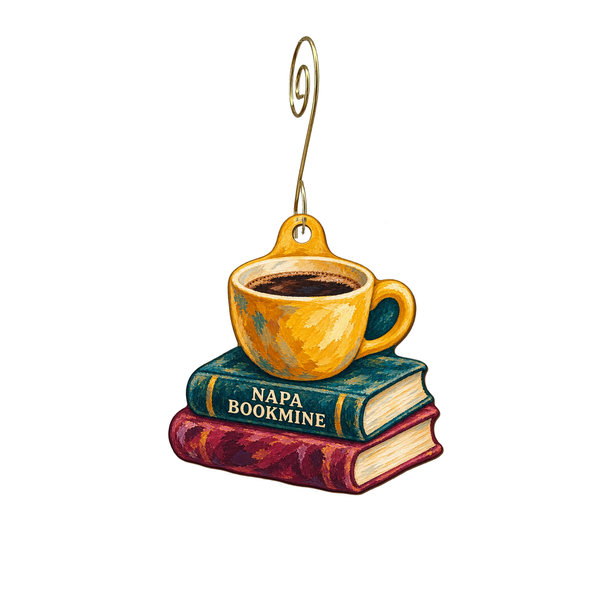 Napa Bookmine — Store identity custom wood ornament OC2872, photographic gold spiral hook