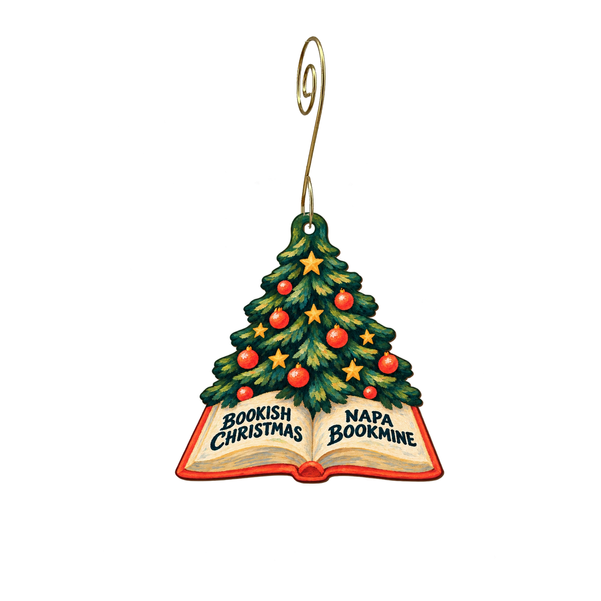 Napa Bookmine — Christmas custom wood ornament OC2873, photographic gold spiral hook