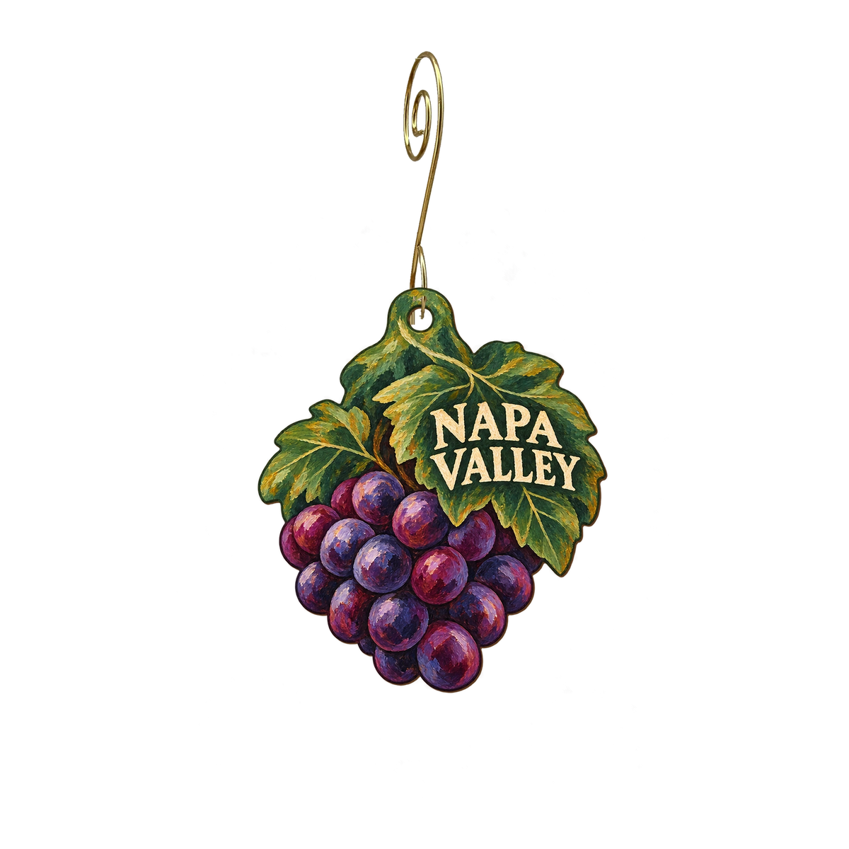 Napa Bookmine — Local inspiration custom wood ornament OC2874, photographic gold spiral hook
