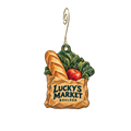 Lucky's Market — Store identity custom wood ornament OC2875, photographic gold spiral hook