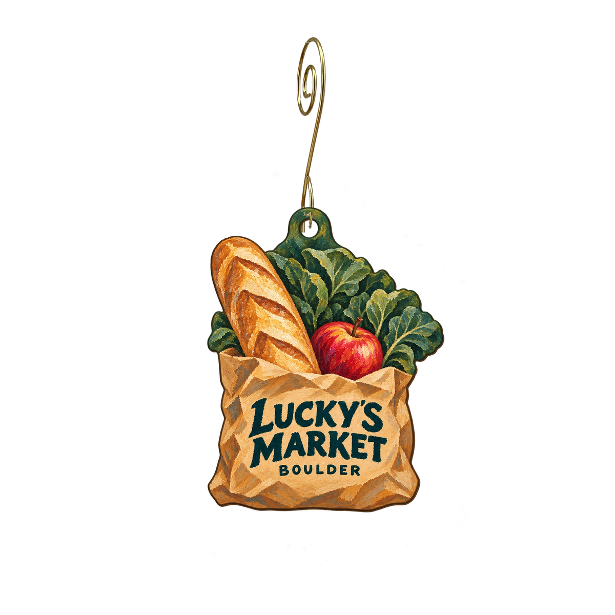 Lucky's Market — Store identity custom wood ornament OC2875, photographic gold spiral hook
