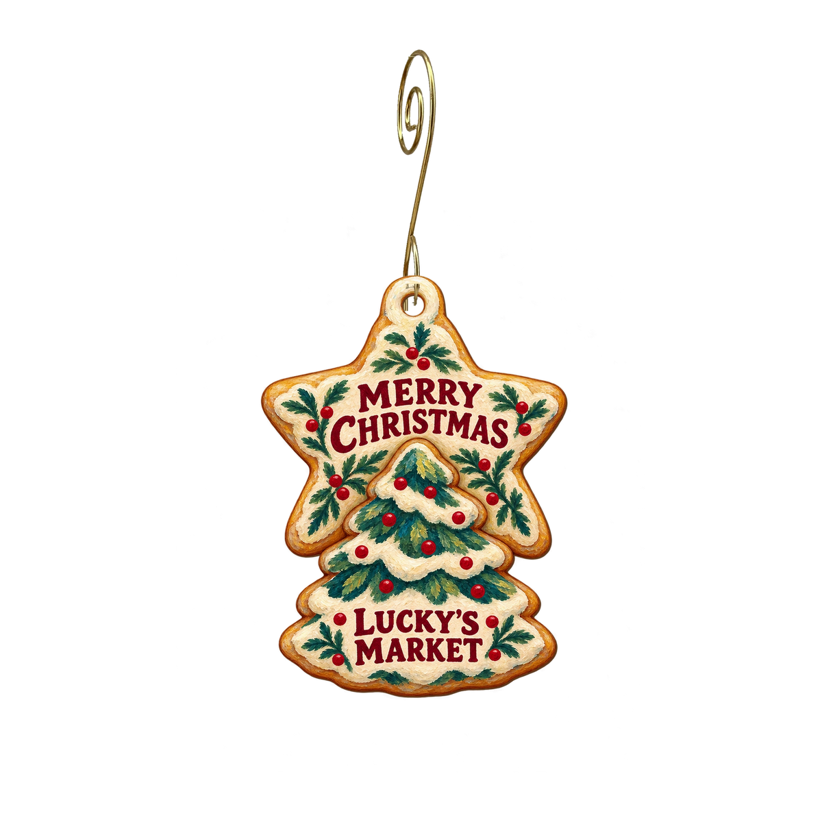 Lucky's Market — Christmas custom wood ornament OC2876, photographic gold spiral hook