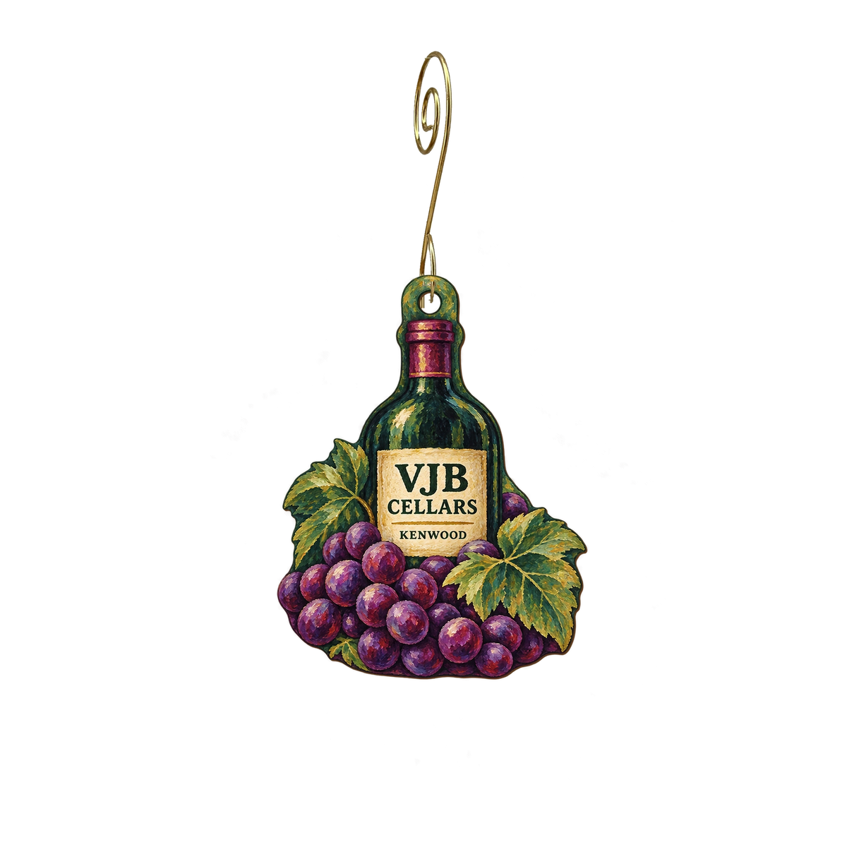 VJB Vineyard & Cellars — Store identity custom wood ornament OC2878, photographic gold spiral hook