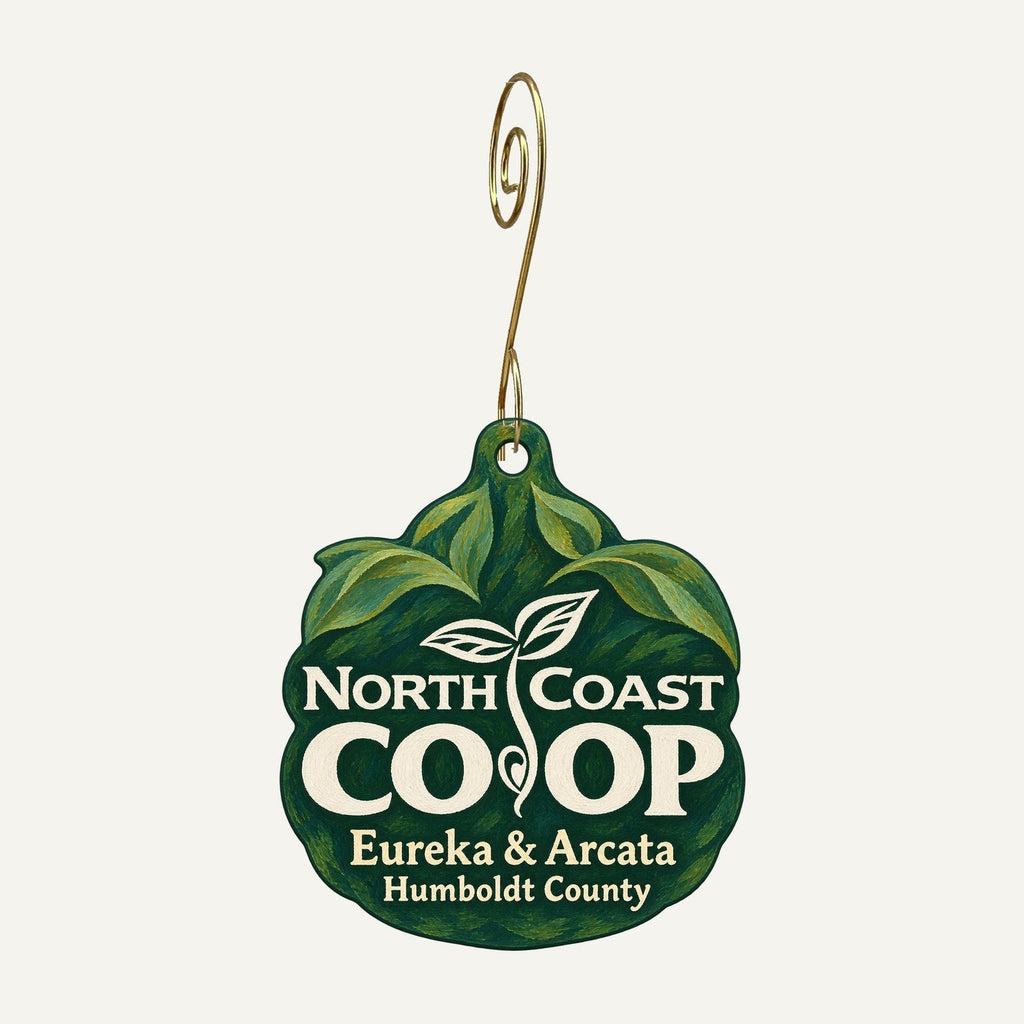 North Coast Co-op Logo custom wood ornament OC287 hanging on hook