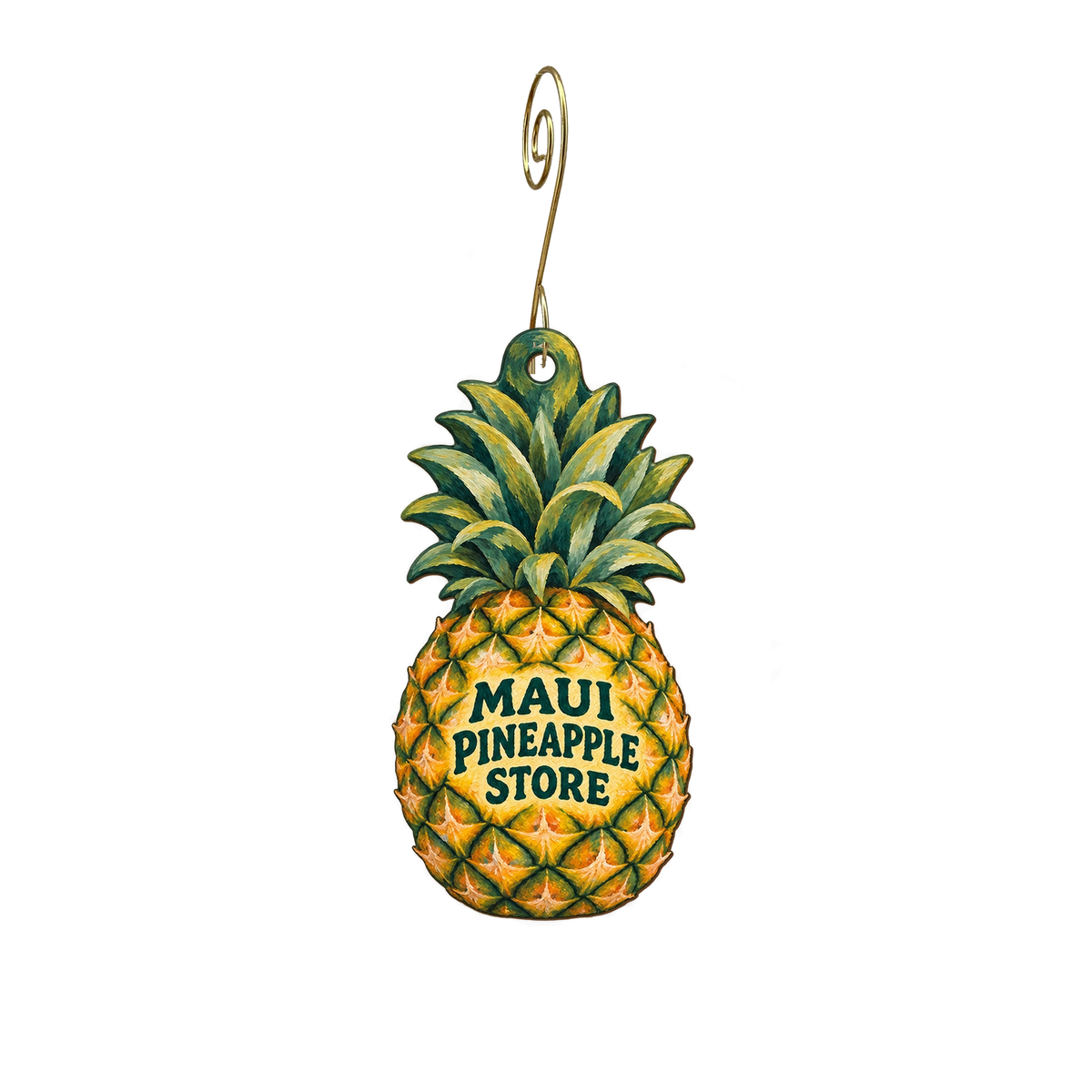 Maui Pineapple Store — Store identity custom wood ornament OC2881, photographic gold spiral hook