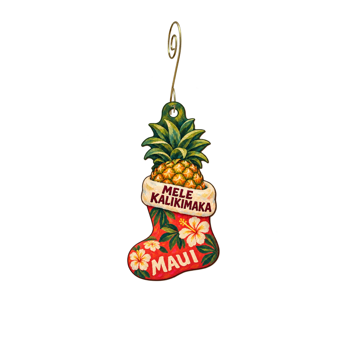 Maui Pineapple Store — Christmas custom wood ornament OC2882, photographic gold spiral hook