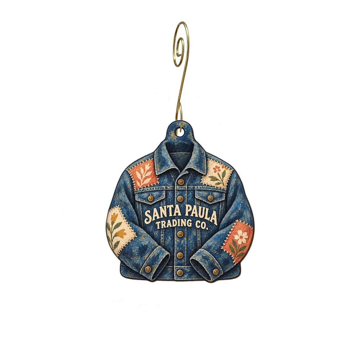 Santa Paula Trading Co. — Store identity custom wood ornament OC2887, photographic gold spiral hook
