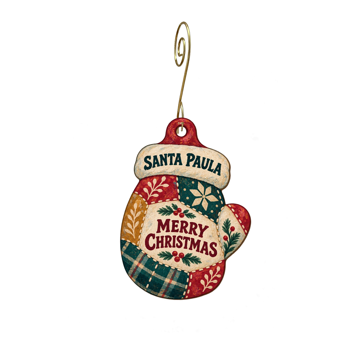 Santa Paula Trading Co. — Christmas custom wood ornament OC2888, photographic gold spiral hook