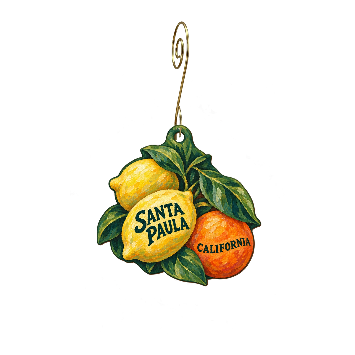 Santa Paula Trading Co. — Local inspiration custom wood ornament OC2889, photographic gold spiral hook