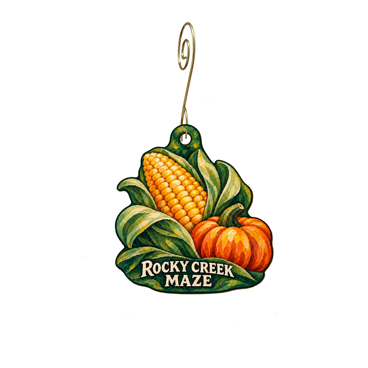 Rocky Creek Maze — Store identity custom wood ornament OC2893, photographic gold spiral hook