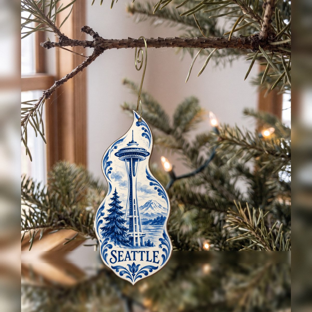 WA Seattle Blue-And-White Ceramic Illustration Custom Wood Ornament (OC28)