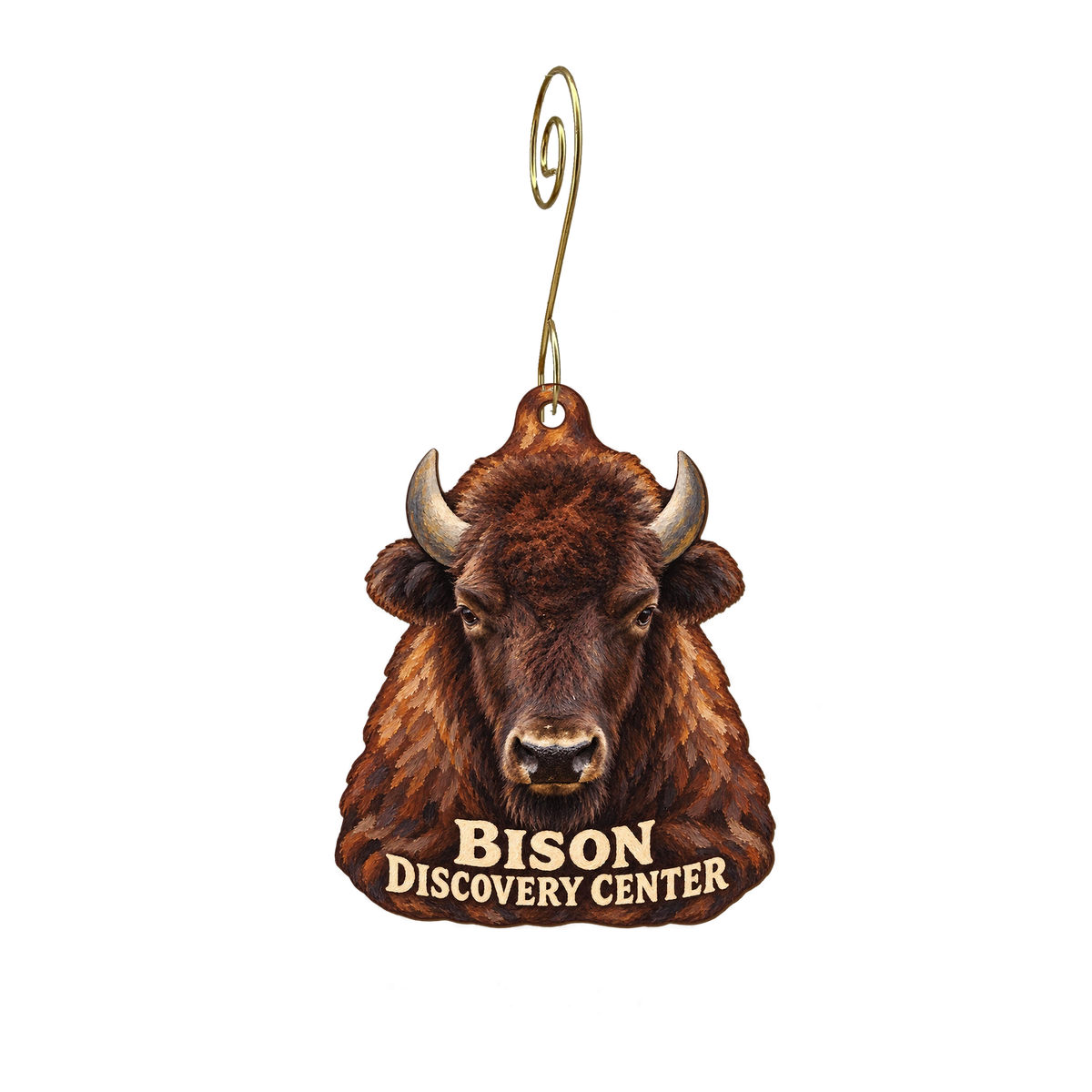 North American Bison Discovery Center — Store identity custom wood ornament OC2911, photographic gold spiral hook