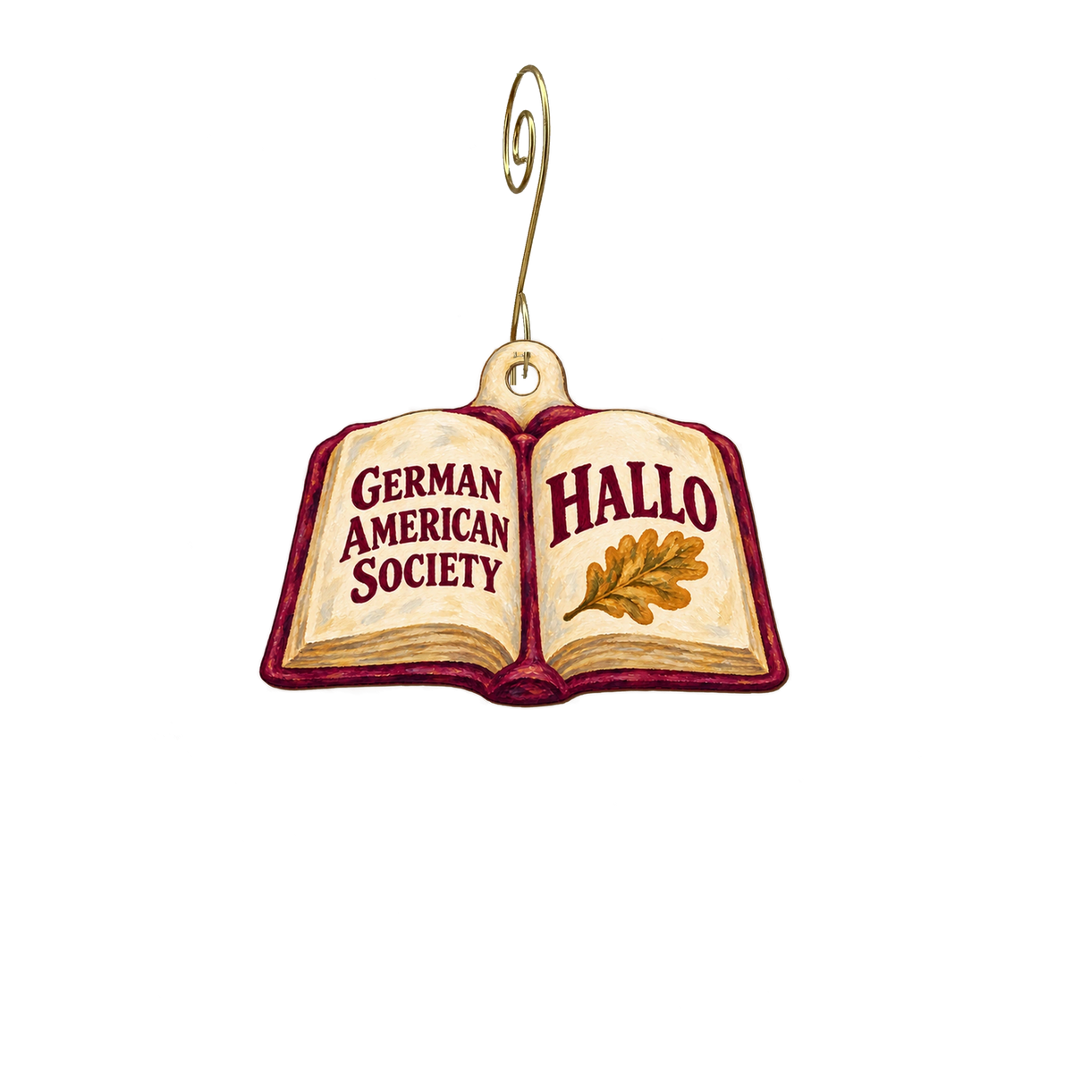 German American Society — Store identity custom wood ornament OC2914, photographic gold spiral hook